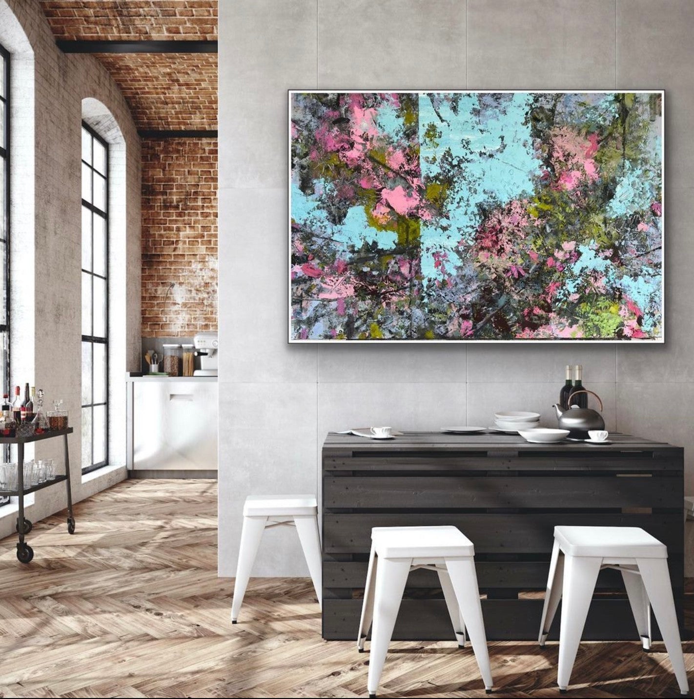 Indoor metal print hanging on wall in dining area