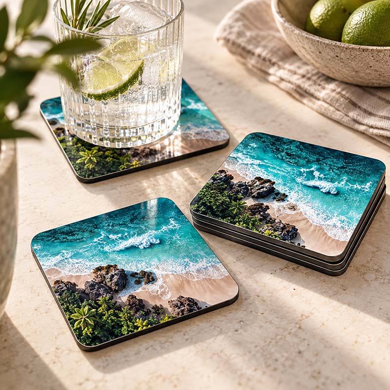 Three square coasters printed with a tropical beach scene featuring turquoise water, white waves, sandy shore, and dark rocks, styled on a light stone surface with a glass of water and lime in one coaster and a stack of coasters beside it.