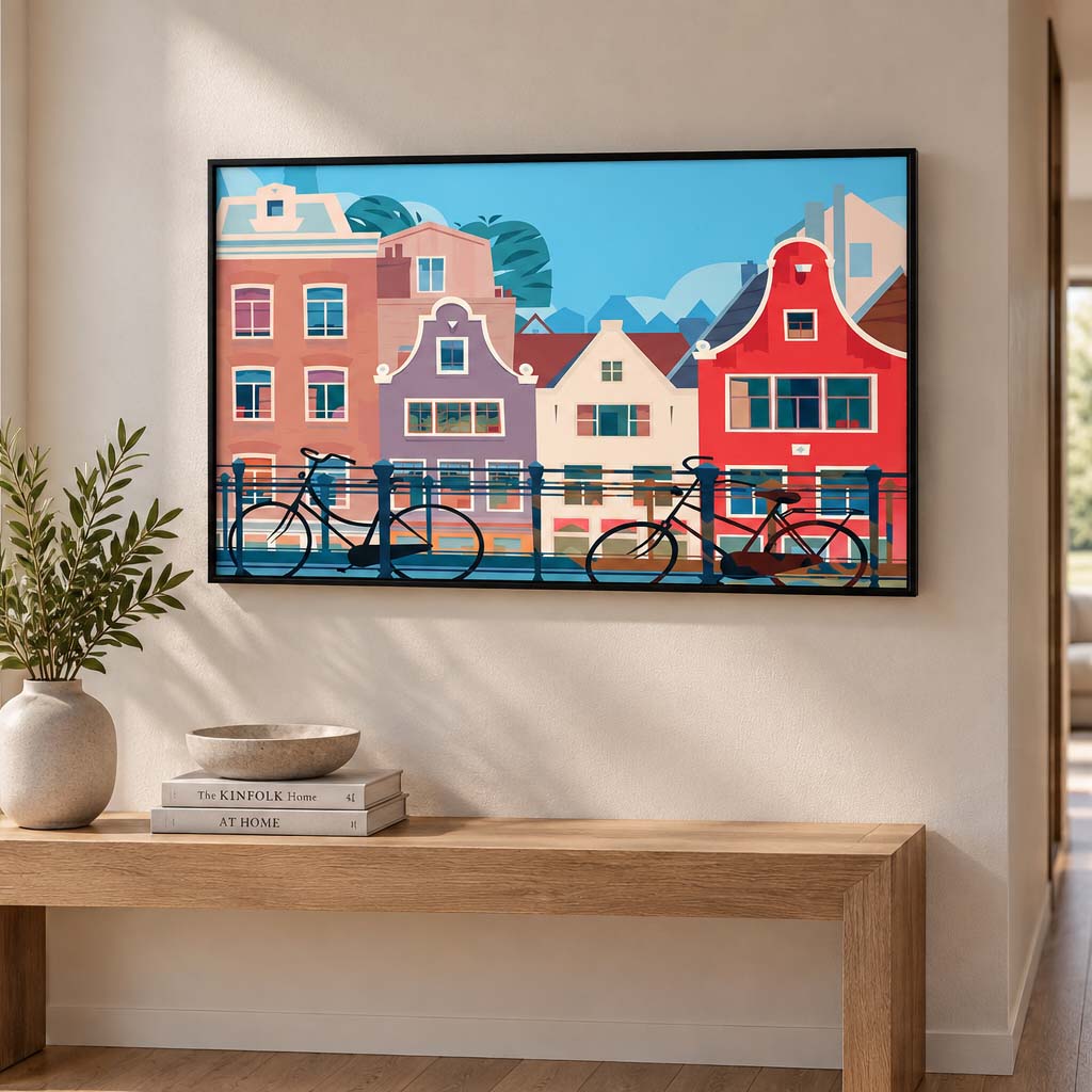 A framed horizontal art print depicting colorful European-style houses and bicycles, displayed on a beige wall above a wooden console table with books and a vase.