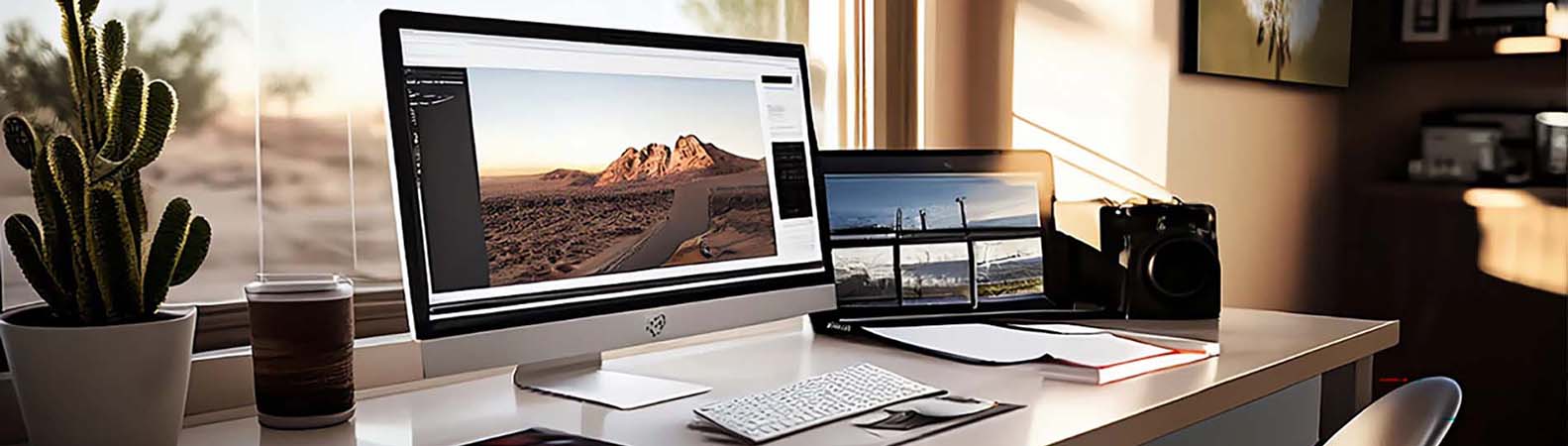 Laptop on desk with image of a road leading to a mountain