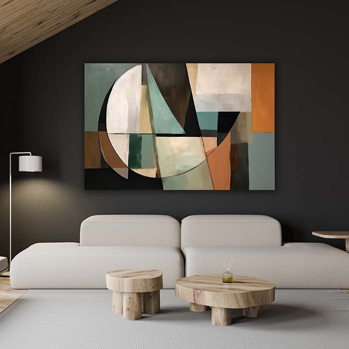 Metal print of abstract art on lounge wall