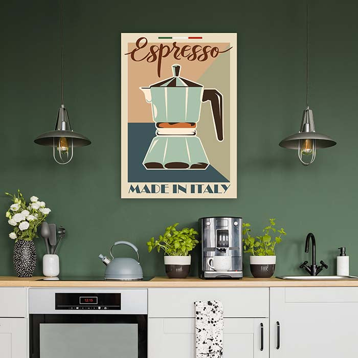 Metal print on green wall in kitchen