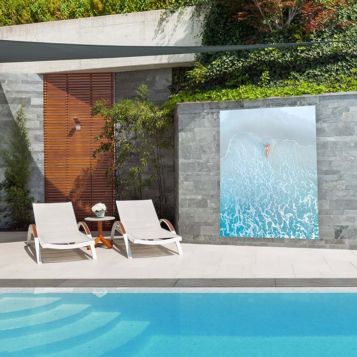 Outdoor metal print on wall outside pool in brushed gloss