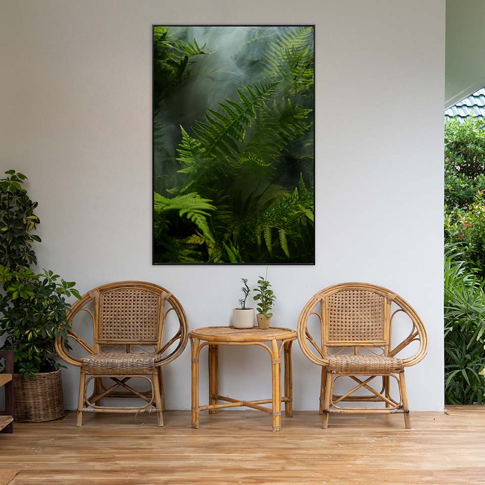 Outdoor metal print of ferns with artbox frame - vertical