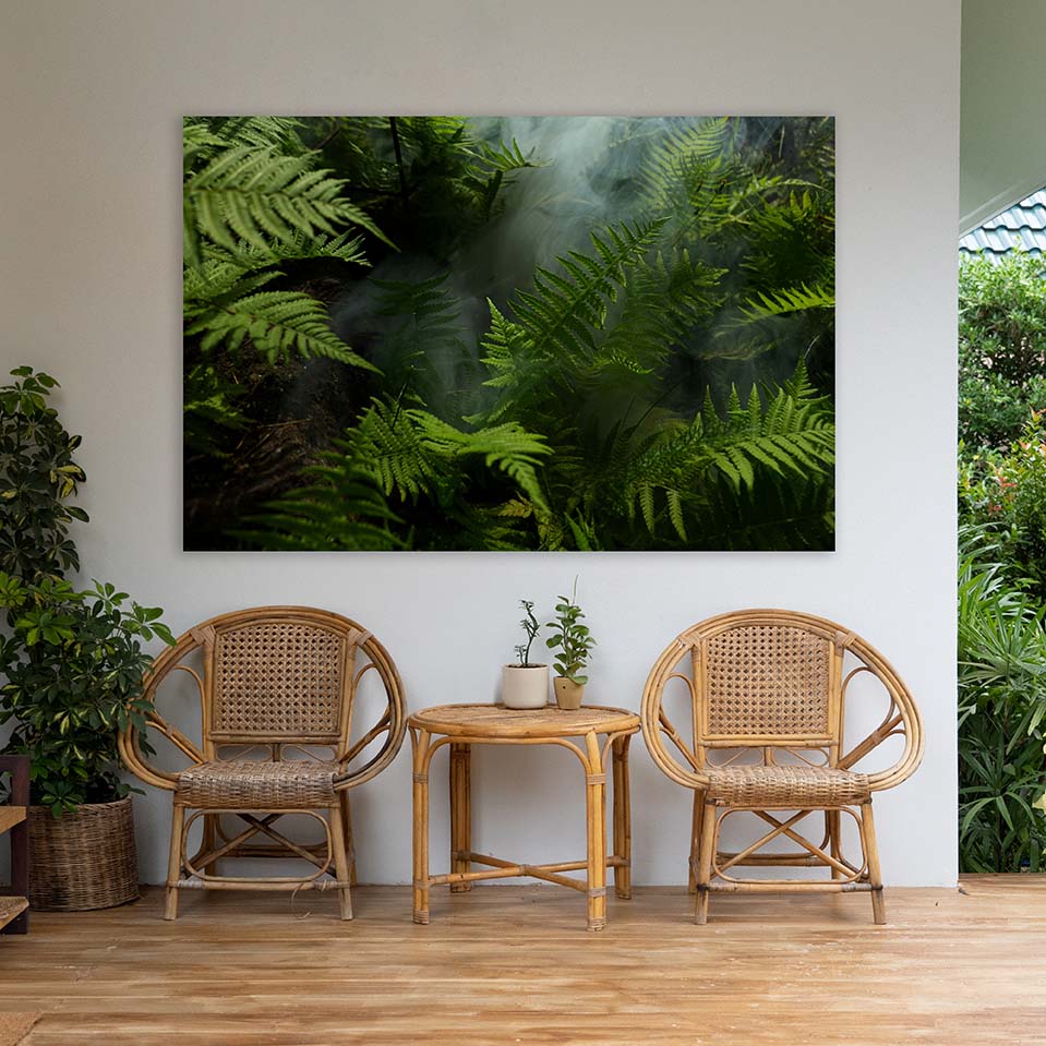 Outdoor metal print of ferns with european frame - horizontal