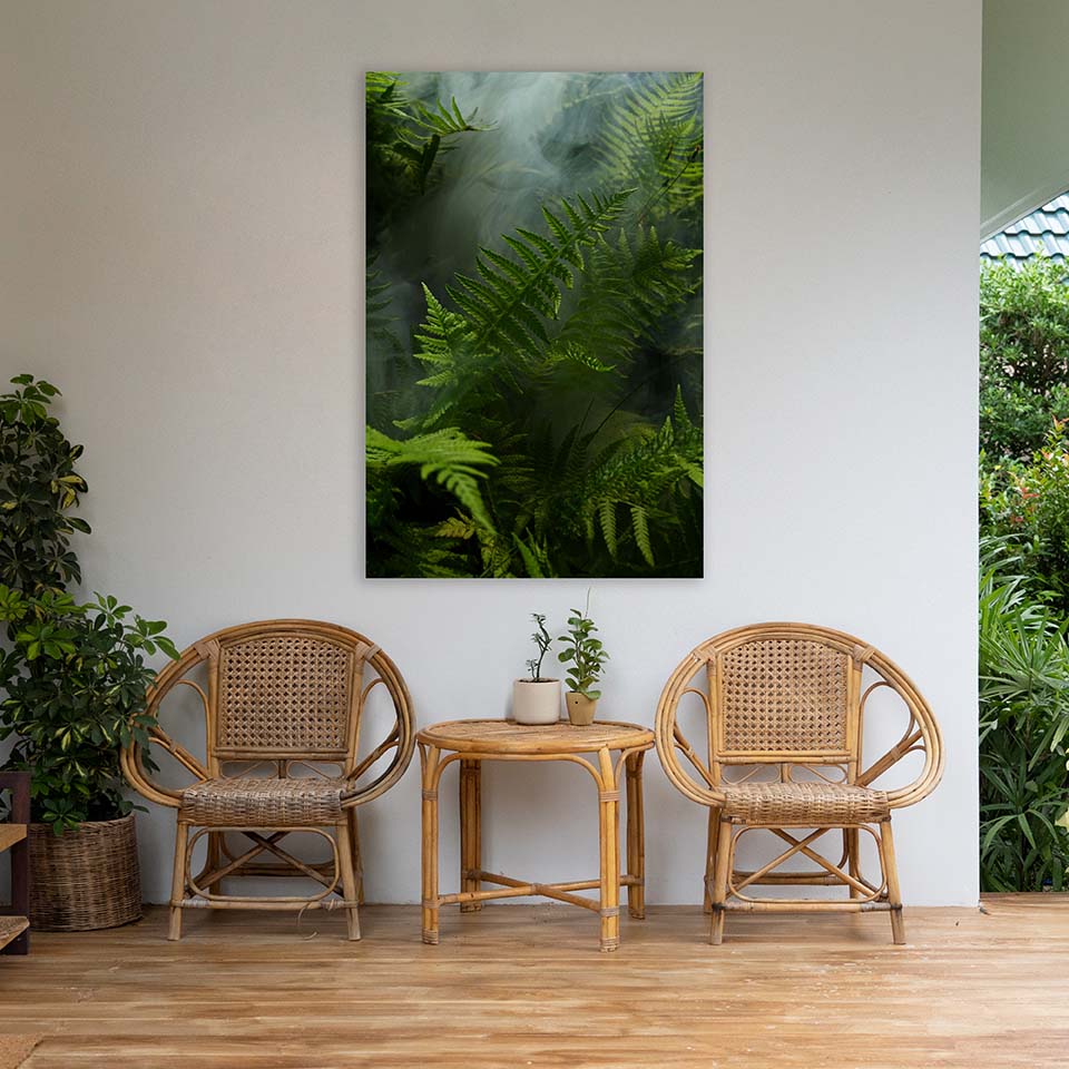 Outdoor metal print of ferns with european frame - vertical