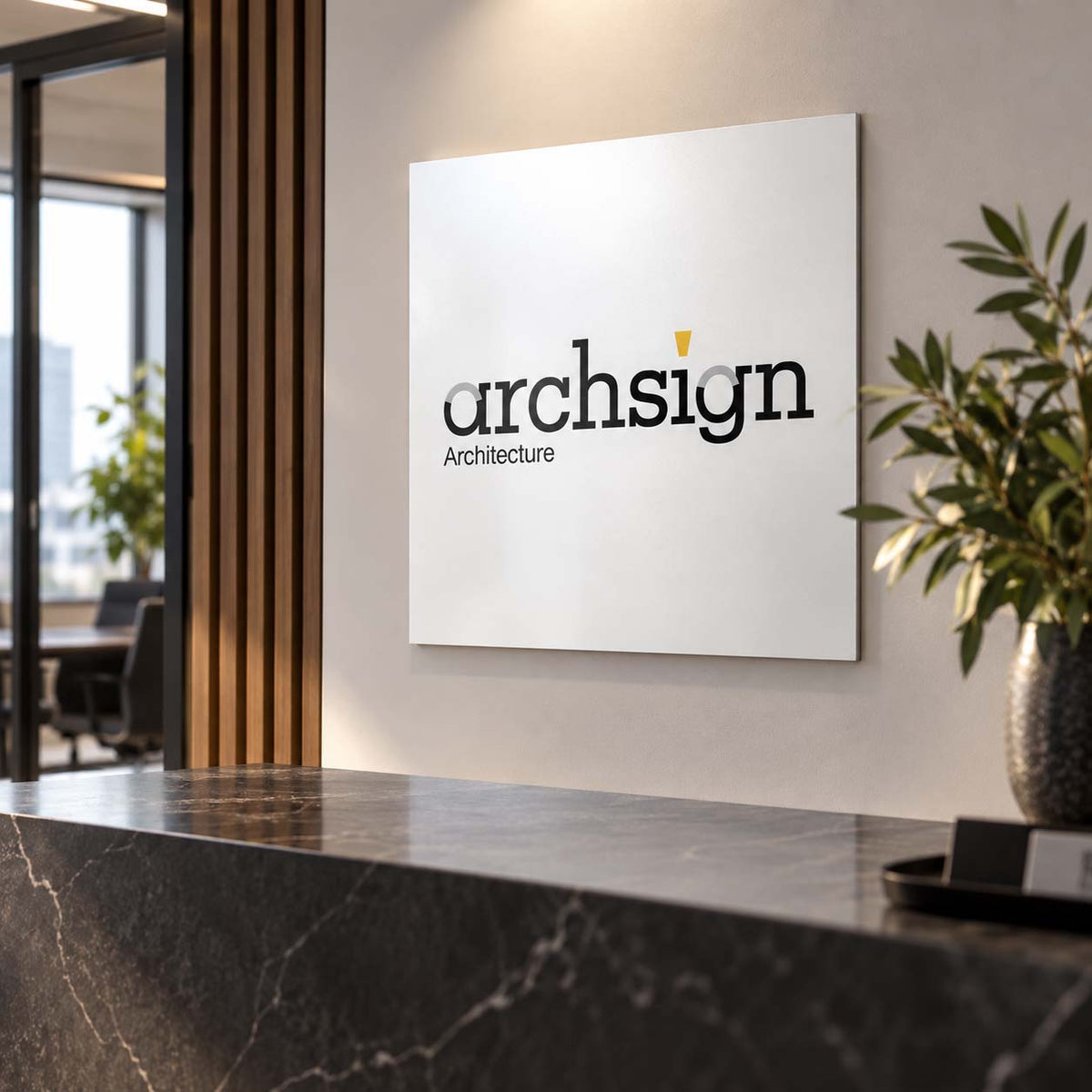 Print 2 Metal branded indoor sign on wall