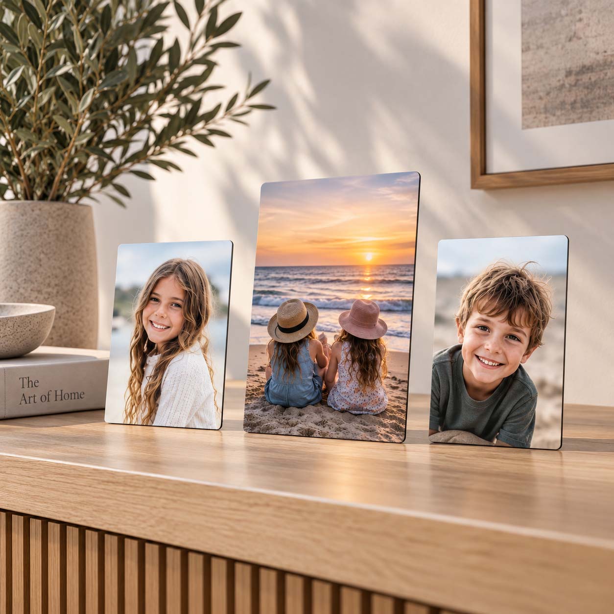 Three custom rectangular photo prints displayed on a wooden table in a styled home interior setting. The prints feature custom family photographs: a smiling girl, a sunset beach scene with two children, and a smiling boy.